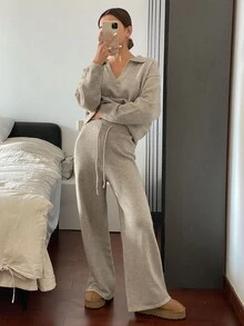 Livesso Petite Women's Solid Color Drop Shoulder Long Sleeve Sweater And Knit Pants Casual 2 Pieces Set - Khaki - View 6