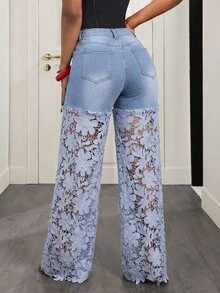Slaydiva Celana Jeans Wanita Model Lurus Elegan dengan Saku dan Renda Kontras - Biru - View 2