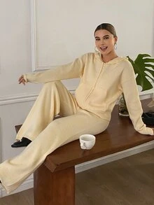 DAZY Solid Color Loose Hooded Zip-Up Sweater And Straight Leg Pants Casual Vacation Autumn/Winter Two Pieces Set For Women - Yellow - View 6