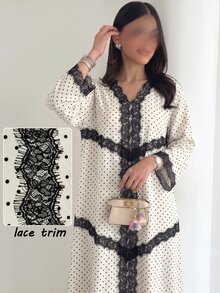 Al Najma Spring/Autumn V-Neck Lace Trim Polka Dot Dress - Black and White - View 6
