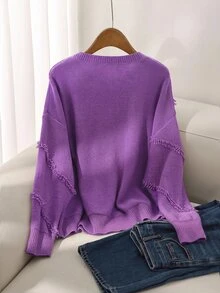 CosyJoli Women's Plus Size Round Neck Side Frayed Design Loose Casual Comfortable Pullover Sweater - Purple - View 2