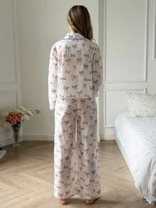 DAZY Women's Bow Print Front Tie Long Sleeve Top And Pants Pajama Set Fall - Pink - View 2