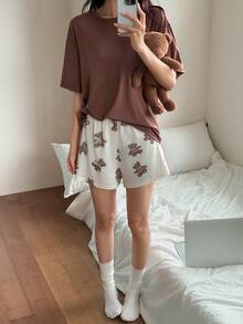 DAZY Women's Solid Color Short Sleeve Top And Shorts Casual Daily Home Sleepwear Set - Brown - View 6