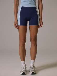 Musera Sport Stripe Contrast Colour Sides Low Rise Coord Mini Short Fall Autumn Winter Gym Active Pilates Motion - Navy Blue - View 3
