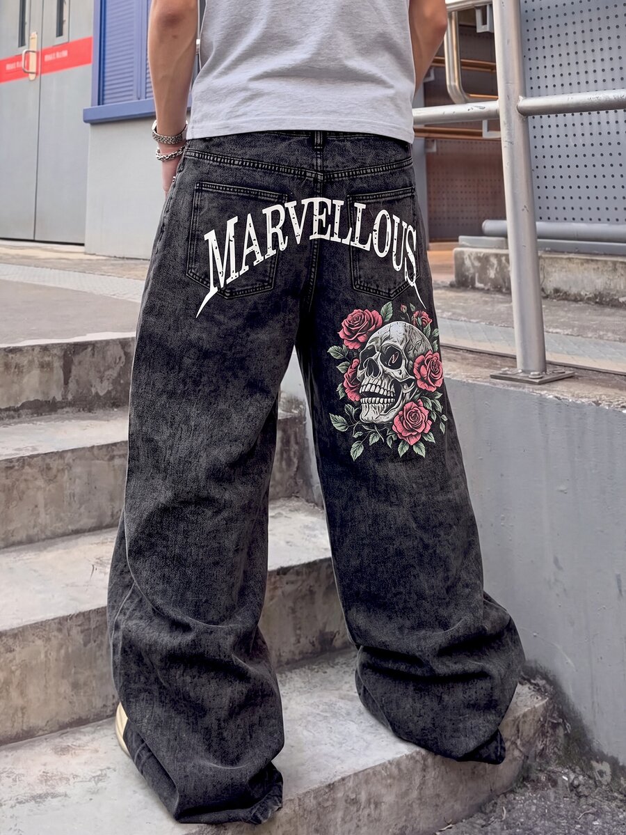 Manfinity EMRG Men Dark Grey Retro Punk Skull Rose Graphic Letter Print Wide Leg Jeans Loose Denim Trousers Street Fall Pants - Black - View 1
