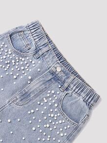 SHEIN Tween Girls' Y2K Cute Shiny Rhinestone Pearl Embellished Denim Jeans, Casual Fit, Loose Wide-Leg Washed Pants School Family Light Blue Summer - Blue - View 4