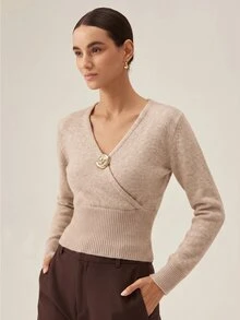 SHEIN Orluneo Women's V-Neck Wrap Pullover Sweater, Oatmeal/Khaki, Fitted Waist & Rose-Shaped Metallic Buckle, Soft Versatile Top For Office & Social Gatherings - Khaki - View 1