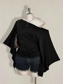 SHEIN ICON Women's Plus Size Retro Sexy Millennial Style Y2K Elegant Commuter Cold Shoulder Ruffled Short Sleeve Gathered Waist Black Top Fall - Black - View 4