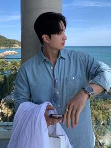 DAZY 夏季純色藍色水洗磨損男士牛仔夾克 - 藍色 - 查看 1