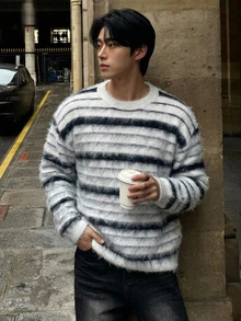 DAZY 男士秋冬刷毛淺灰色配黑色條紋圓領羅紋袖口與下擺針織毛衣 - 彩色 - 查看 4
