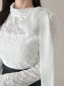 FRIFUL Women's Elegant Fashion Knot Neck Long Sleeve T-Shirt Fall - White - View 1