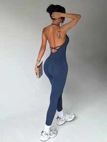 Easithlete Women's Seamless Yoga Sports Halter Backless Jumpsuit - Navy Blue - View 8