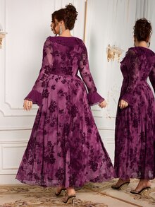 Modelyn Elegant Mesh Flocked Print Ruffle Square Neck Long Sleeve Cinched Waist A-Line Regular Fit Plus Size Dress For Spring And Autumn - Red Violet - View 2