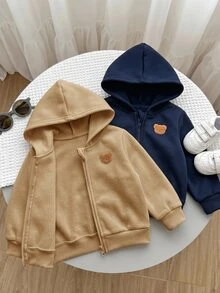 SHEIN 2件組嬰兒男孩女孩秋冬可愛百搭簡約純色連帽外套大衣 灰色連帽衫黑色連帽衫套裝 適合秋冬 - 彩色 - 查看 2