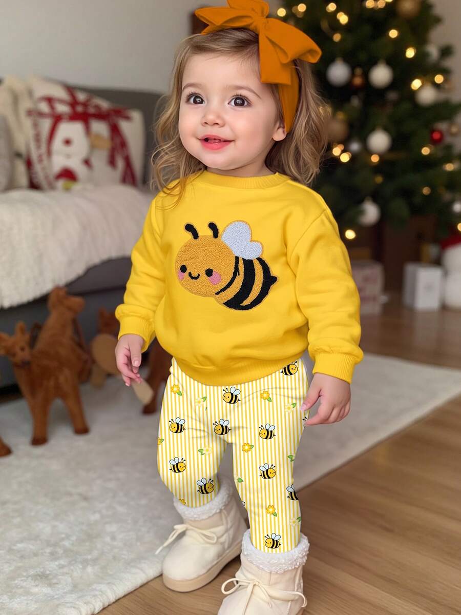 SHEIN Baby Girl Baby Girl Knitted Cute Bee Pattern Crew Neck Pullover Sweatshirt And Elastic Waist Leggings 2 Pieces Set - Multicolor - View 1