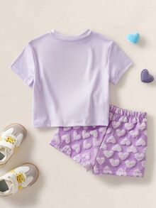 LOONEY TUNES X SHEIN 女嬰卡通印花短袖T恤與短褲休閒日常套裝 - 紫色 - 查看 2