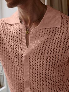 Manfinity Homme Top de punto hueco de unicolor para hombre - Rosa Pálido - Ver 4