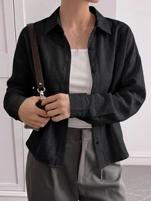 DAZY 女款條紋寬鬆短版休閒襯衫，翻領設計 - 黑色 - 查看 4