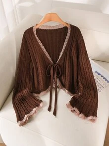 CosyJoli Plus Size Casual Lace Trim Tie-Front Cardigan, Autumn/Winter - Brown - View 3