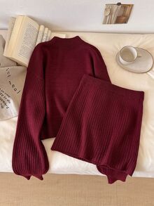CosyJoli Women's Solid Color Long Sleeve Sweater And Knitted Skirt Casual Set - Burgundy - View 2