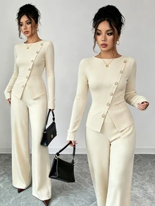 Elenzga Women's Fashion New Apricot Pearl Button Asymmetrical Ribbed Knit Long Sleeve Pearl Button Commute Work Date Gentle Elegant Intellectual 2 Pieces Set - Apricot - View 1