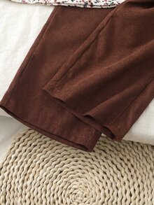 SHEIN 女童2件套：甜美碎花編織燈芯絨上衣，3D蝴蝶結，圓領，長袖收口袖口，A字下擺，搭配純色直筒寬腿褲，適合日常穿著、外出、派對聚會，春秋季 - 棕色 - 查看 8