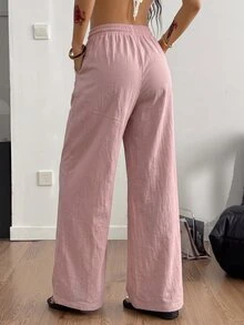 Coolane 女款休閒百搭寬鬆素色長褲 - 粉色 - 查看 5