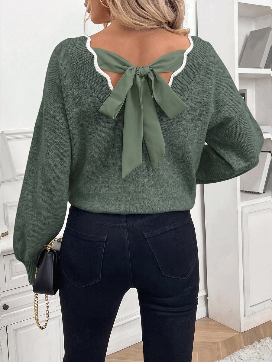 SHEIN Frenchy Women's Minimalist Versatile Colorblock Long Sleeve Sweater For Daily Commute - Green - View 1