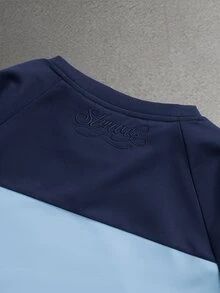 STYNVO 男士字母刺繡對比色插肩袖圓領休閒T恤 - 藍色 - 查看 3