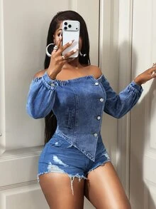 Slaydiva Women's Outdoor Fashion Street Style Asymmetrical Placket Off-Shoulder Blue Denim Top - Dark Wash - View 5