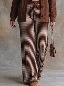 Linhara Autumn/Winter Plus Size 3 Pieces Knit Set For Women, Cable Knit Button Cardigan, Striped Camisole Top, High-Waisted Wide Leg Pants, Lazy Style - Black - View 4