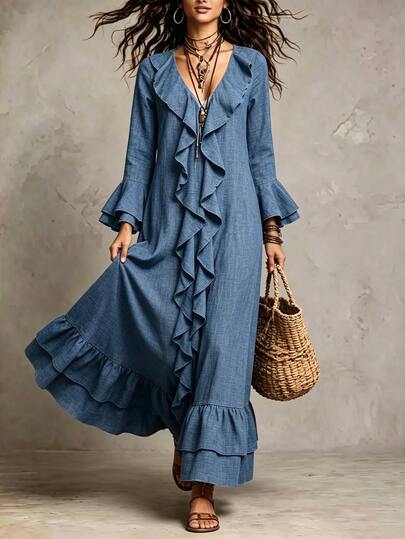 SHEIN Holidaya Women's Blue Denim-Style Ruffle V-Neck Layered Long Sleeve Flare Sleeve Loose Slimming Mid-Length Dress, High Waist A-Line Hem, Comfortable Casual Commute Vacation Vintage Elegant Long Dress