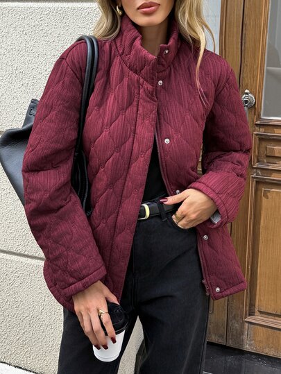 SHEIN LUNE Casual Women's Autumn/Winter Long Sleeve Pocket Burgundy Padded Coat