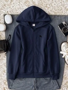 兒童青少年女孩休閒運動灰色小馬刺繡裝飾連帽開襟衛衣 秋冬款 - 藍色 - 查看 7