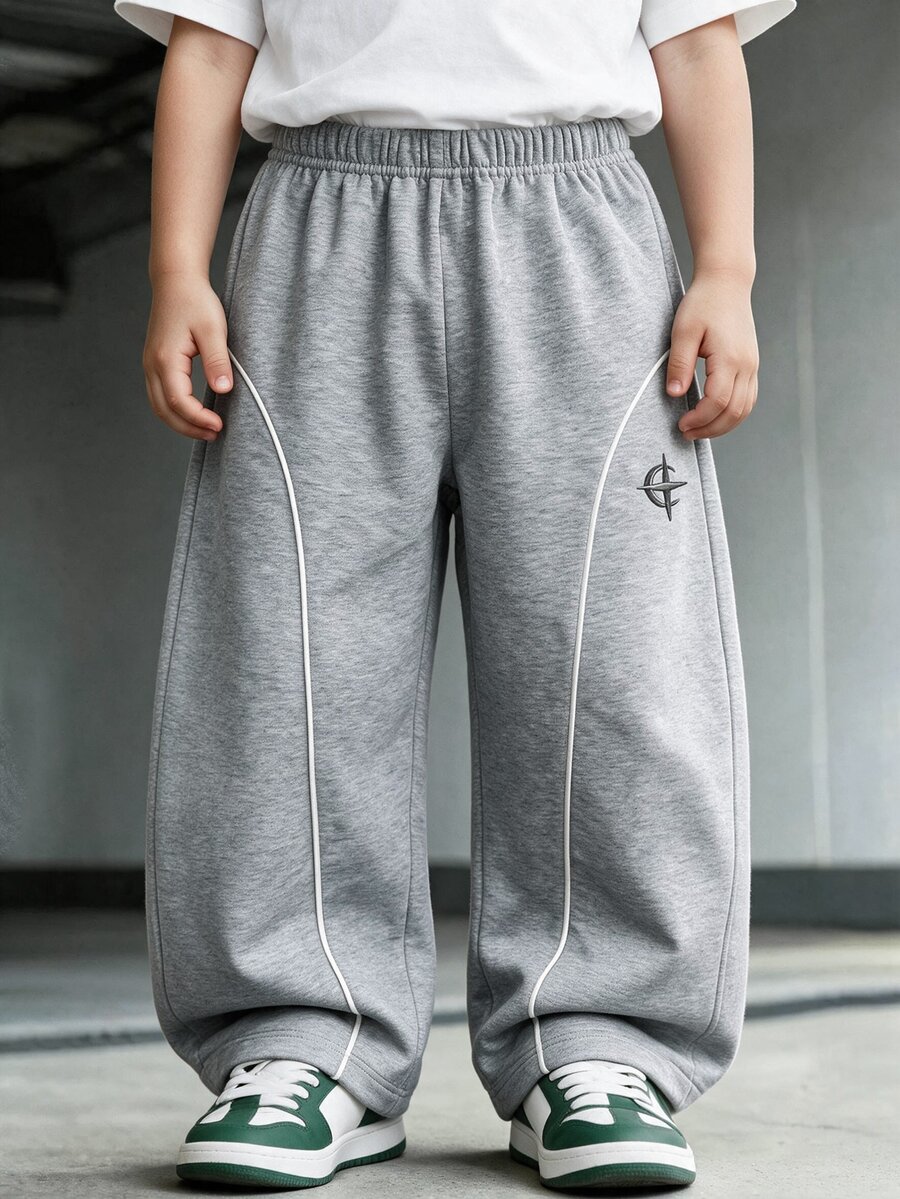 SHEIN Mirajuku Young Boys Autumn/Winter Minimalist Fashion Streetwear Embroidered Contrast Trim Decorative Loose Straight Leg Black Cargo Pants Suitable For Autumn/Winter Wear
