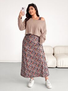 SHEIN Essnce 大尺碼女款純色圓領落肩長袖T恤與碎花洋裝休閒兩件套 - 杏色 - 查看 6