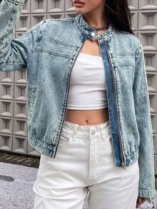 Jeanoix Y2K Women's Fashion Small Stand Collar Zipper Vintage Washed Denim Jacket - Medium Wash - View 6