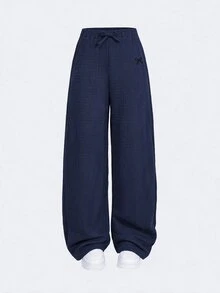 SHEIN Tween女孩秋冬休閒居家服修身U領長袖藍白針織細條紋3D蝴蝶結T恤上衣與配套直筒寬腿長褲2件套舒適彈性針織條紋運動套裝 - 彩色 - 查看 5