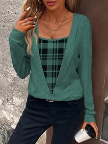 Balvessa Women's Plaid Patchwork Casual Daily Long Sleeve Sweatshirt - Teal Blue - View 3