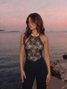 SHEIN MOD Women's Lace Patchwork Backless Halter Neck Jumpsuit - Black - View 2