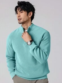 Manfinity Homme 男士素色插肩袖長袖半拉鍊休閒毛衣 - 薄荷藍 - 查看 6