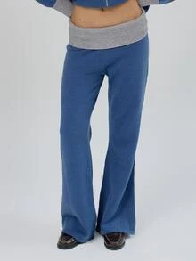 MUSERA Foldover Ribbed Knitted Loose Wide Leg Fit Coord Trouser  Fall Autumn Winter Coolgirl Back To School Blancs - Navy Blue - View 2