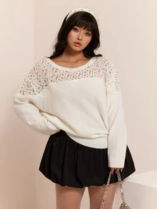 CovetEZ 秋冬新款蕾絲拼接長袖休閒大尺碼女款毛衣 - 白色 - 查看 6