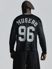 Oversized Drop Shoulder Mesh Graphic Tshirt With Musero Bones "96 MUSERO" Back Print Autum Winter Essentials - Black - View 5