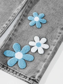 Girls/Toddlers Fashion Snowflake Washed Distressed Embroidery Flare Pants - Light Grey - View 9