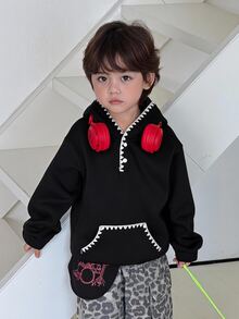 Dazy Kids Infant (Boy) Hooded Korean Style Long Sleeve Versatile Solid Color Sweatshirt - Black - View 5