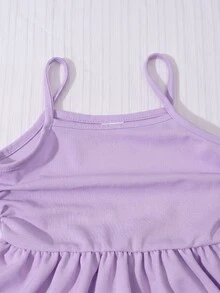 SHEIN Elladie kids 2件組女童幼兒套裝，溫柔女孩風白色長袖外套搭配粉色蝴蝶結細肩帶洋裝，薄款休閒日常度假春夏季 - 紫色 - 查看 4