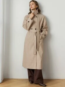 Dazy-Less Women's Solid Color Dropped Shoulder Long Sleeve Single-Breasted Casual Overcoat Fall - Apricot - View 7