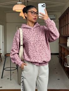 復古學院風美式豹紋，青少年女孩休閒極簡寬鬆舒適無刷毛連帽衛衣，適合秋冬日常穿著 - 白色 - 查看 4