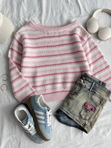 SHEIN Tween Girls Sweaters Versatile Gradient Striped Mini Knit Cute Vacation Sweater - Pink - View 4